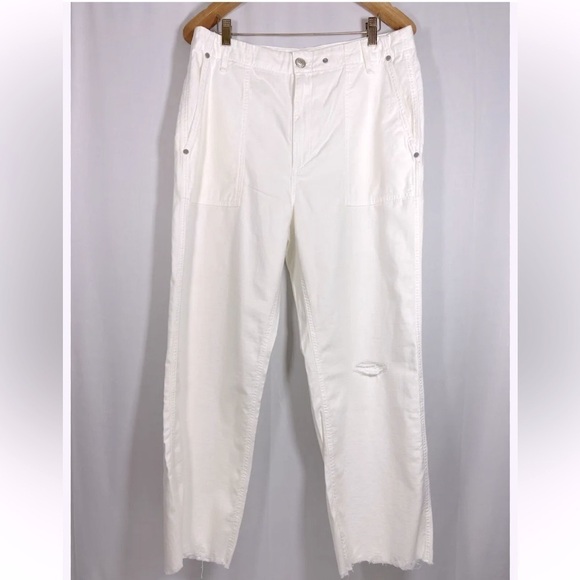 RAG & BONE White Cotton Straight Wide Leg Crop Pants Raw Hem Distressed Pants - Picture 7 of 14